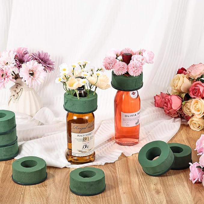 12 Pcs Mini Floral Foam Holder for Wine Bottle Topper, 3.9 Inch Flower Foam Round with Plastic Base for Wine Bottle Decor, Wedding Party Centerpiece