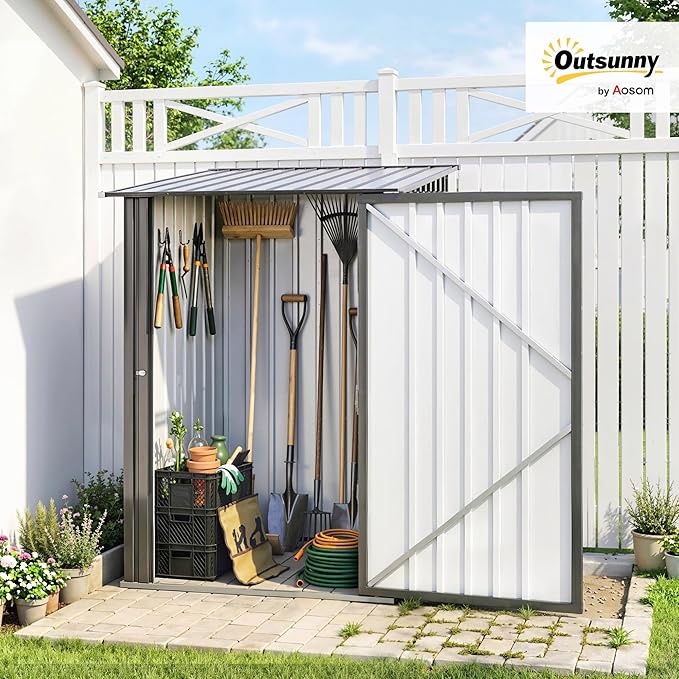 Outsunny 3.3' x 3.4' Outdoor Storage Shed, Metal Garden Tool House with Sloping Roof and Lockable Door for Backyard, Bike, Patio, Garage, Lawn, Gray