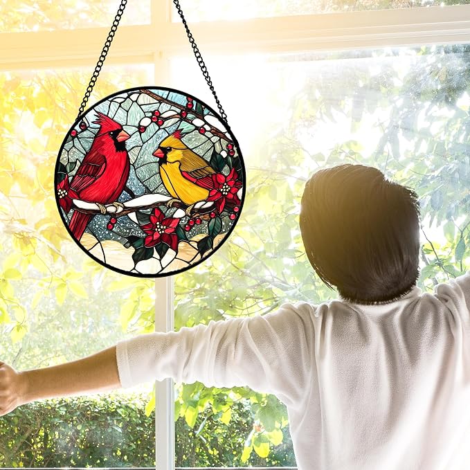 DASTOLL Stained Glass Window Hanging, Love Birds Cardinals Sun Catchers Colorful Glass Panel Birds Suncatcher Decor for Birthday for Women, Men, Wife, Lovers, and Mom 9.8 in