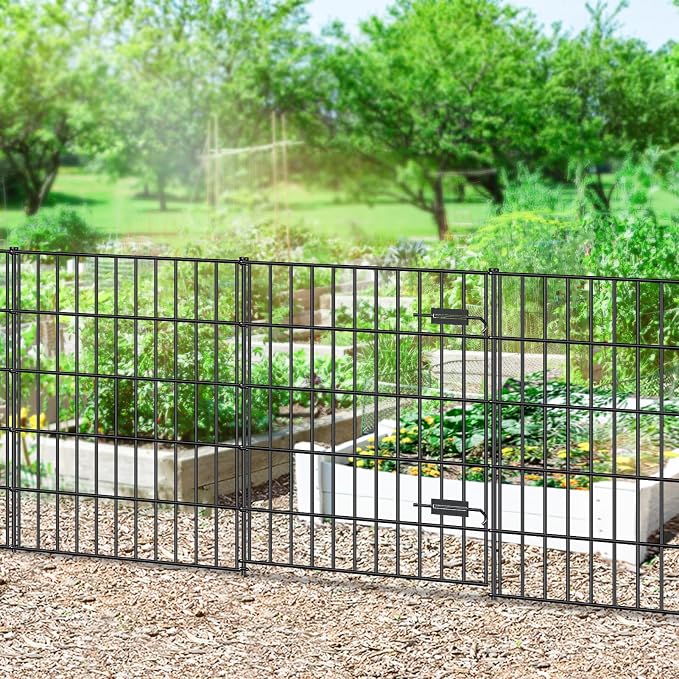 FOREHOGAR Metal Garden Fence with Gate 33.3in (H) x 23.3ft (L), 1 Gate + 9 Panels Dog Fence Border Fence Animal Barrier, No Dig Garden Fencing for Yard Flower Bed Lawn Patio Outdoor, PIN332810G Black
