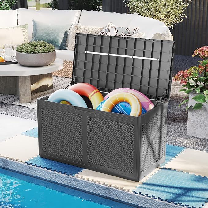 Moccha 100-Gallon Outdoor Storage Box - Waterproof Resin Deck Box with Lockable Lid & Wheels, Faux Rattan Outdoor Storage Bench for Pool Accessories, Garden Tool, Patio Furniture Cushion (Grey)