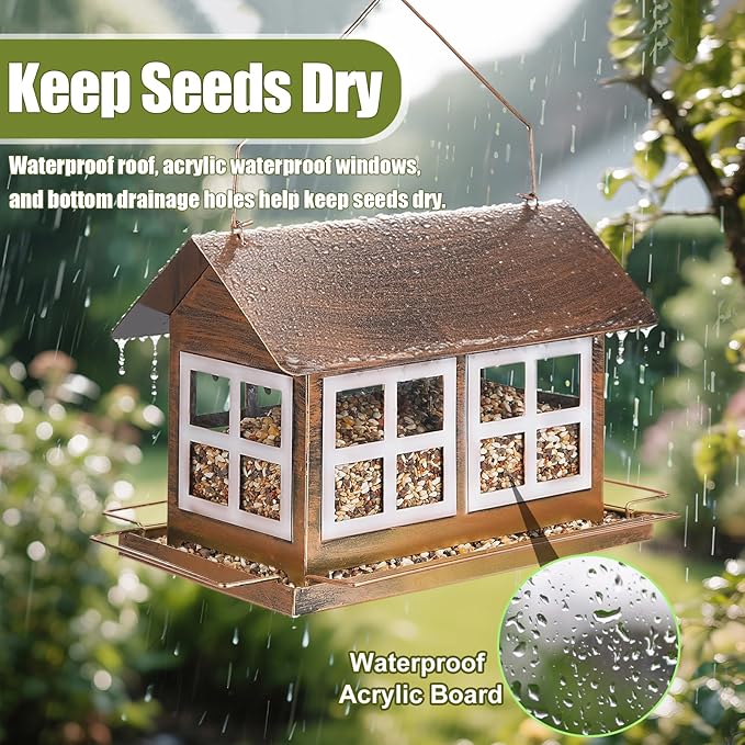 Bird Feeders, Heavy Duty Metal Bird Feeder for Outdoors Hanging, Weatherproof Large Capacity Wild Birdfeeder for Outside Garden Yard, Country House Shape (Horizontal)