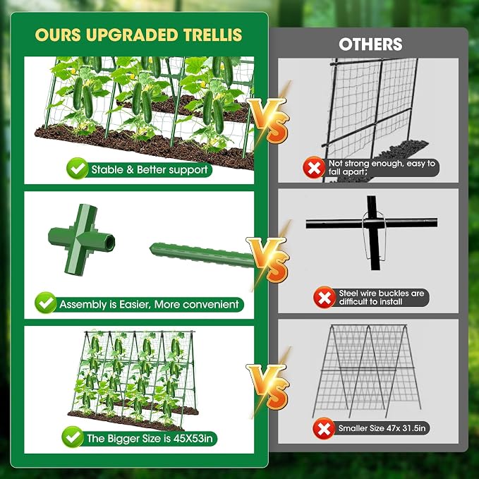 71" x 51" Cucumber Trellis for Raised Bed, A-Frame Garden Trellis for Climbing Plants Outdoor, Rust-Proof Metal Support for Tomato, Peas, Beans, Zucchini & Vines, with Netting & Clips