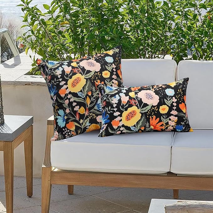 Pack of 2 Waterproof Outdoor Throw Pillows Cover 12x20 Inch Colorful Floral Decorative Farmhouse Rectangle Pillowcases Outdoor Lumbar Pillows for Patio Furniture Garden,Black Flower
