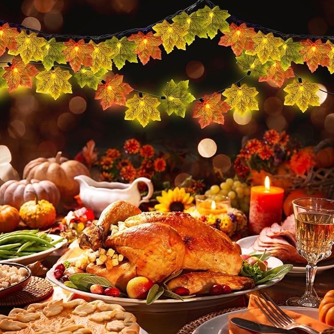 GOOTHY Fall Decor Multicolored Maple Leaf String Lights, 13.6Ft LED Thanksgiving Decorations Lights Plug in with 35 Maple Leaves Light for Indoor Outdoor Halloween Fall Party Home Garland