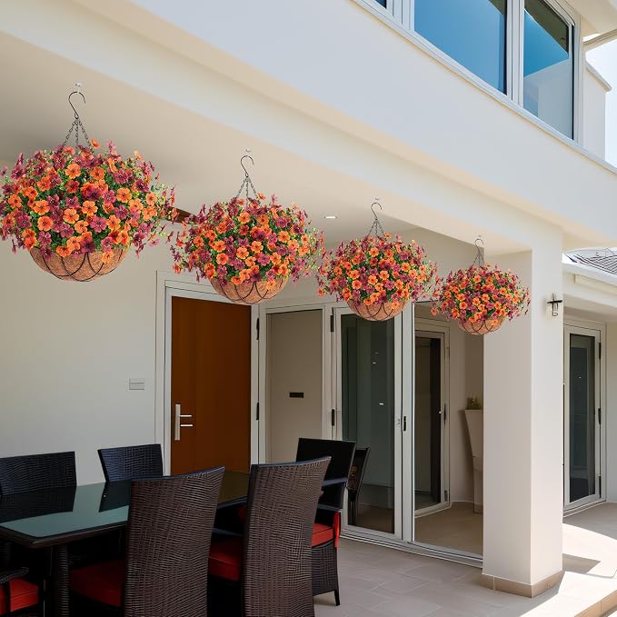 INXUGAO Artificial Silk Flowers Hanging Baskets for Outdoors Indoors, Daisy with Eucalyptus Leaves Arrangement for Garden Yard Decor, Faux Green Plant in Metal Coconut Lining Flowerpot(Orange Brown)