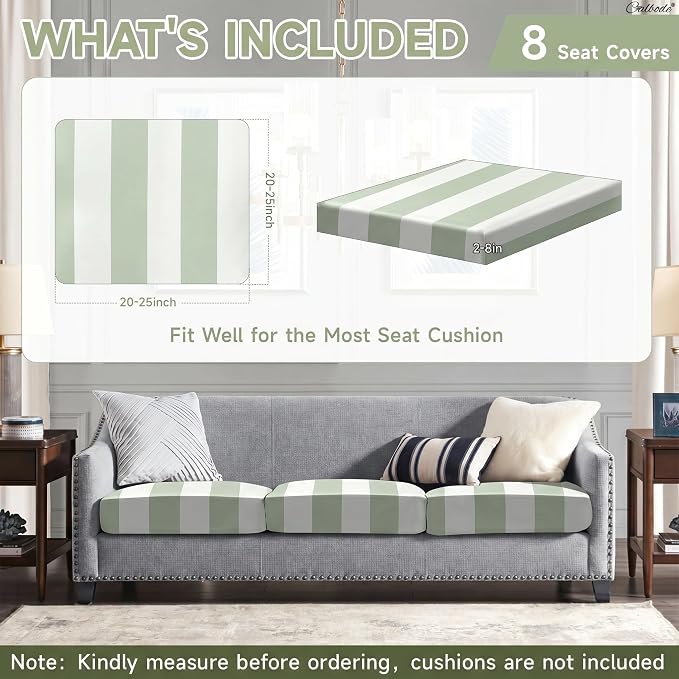 CALBODE 8 Pcs Outdoor Seat Cushion Covers, Green Striped Stretch Chair Seat Cover for Patio Furniture Cushions Washable Reusable Indoor and Outdoor Couch Cover Replacement (Grassy, Cover Only)