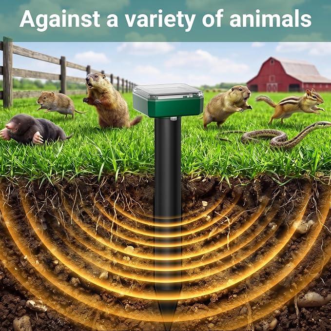 8 Pack Solar Mole Repellent, 2026 Upgraded Ultrasonic Gopher Deterrent Stakes, IP65 Waterproof Sonic Vole Groundhog Snake Control for Lawn Garden Yard Farm