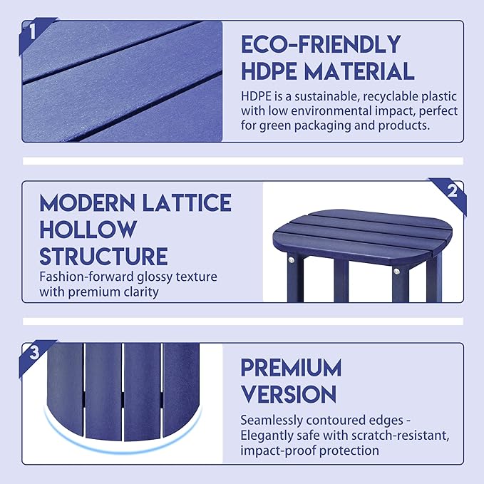 LZRS 2-Tier Patio Side Table, Heavy Duty HDPE Outdoor End Table with Wood Texture, Weatherproof Composite Table for Adirondack Chairs, Deck, Pool, Indoor/Outdoor, No Peeling Cracking(Navy Blue)
