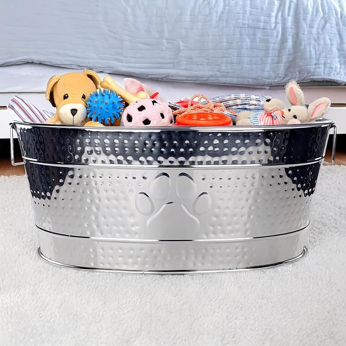 BREKX 25-Quart Tub for Firewood Storage Rack Log Holder - Heavy-Duty Portable Galvanized Tub with Handles for Indoor/Outdoor (Silver)