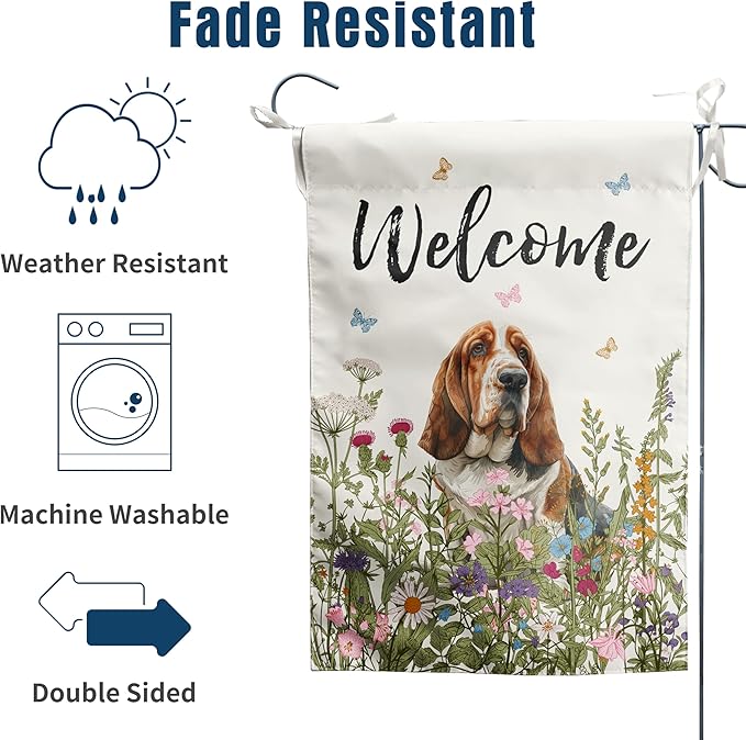 Floral Basset Hound Garden Flag Spring Summer House Flags 28 x 40 Double Sided Flower Dog Yard Flags for Outside Large Outdoor Welcome Flags