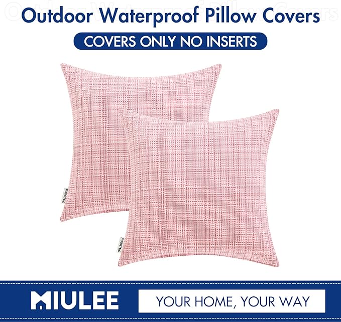 MIULEE Outdoor Waterproof Throw Pillow Covers Decorative Farmhouse Water Resistant Cushion Covers for Tent Patio Garden Couch Sofa Pack of 2, 18x18 Inch Pink