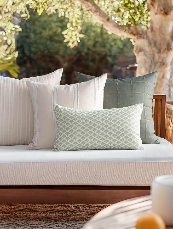 Crumbs Home Modern Farmhouse Fall Linen Indoor Outdoor Throw Pillow Cover Only, 22"x22" Water Repellent for Patio, Backyard, Couch, Oliver Green Plaid