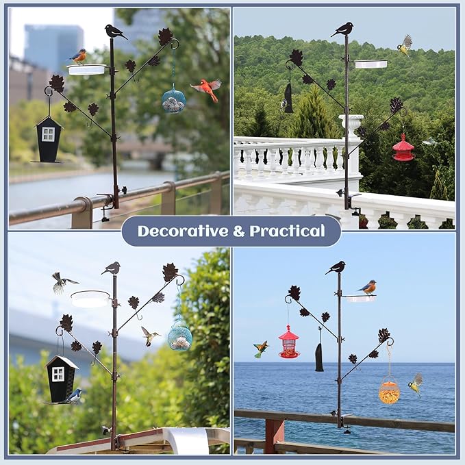 ERYTLLY Deck Bird Feeder Station Kit, Wild Bird Feeding Station for Outside Hanging Plants Holder Deck Pole Porch Multi-Hook Bird Feeder with Water Bowl for Attracting Birds