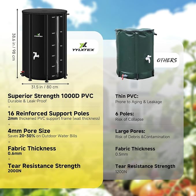 132 Gallon/500L Collapsible RainWater Collection Barrel,Water Tank&Reinforced with 2mm Frame Portable Rain Catcher,Includes Quick-Connect Tap&Sprinkler,Heavy Duty 0.6mm PVC for Long-Lasting Use,Black