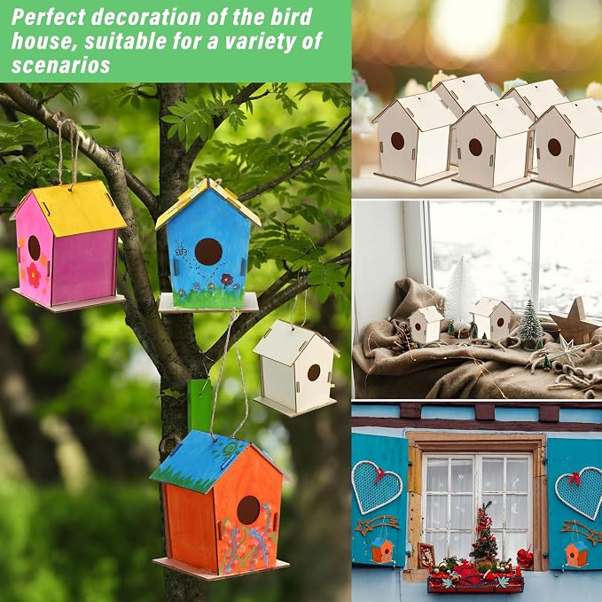 DoubleFill 48 Pcs 4.33" Wooden Bird Houses Crafts Kit for Kids DIY Unfinished Hanging Birdhouse for Art Painting Wood Toys Boy Girl Class Back to School Classroom Project Parties Creative Activity
