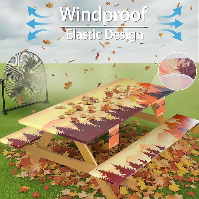 Fitted Waterproof Picnic Table Cover with Bench Covers Elastic Reusable Camping Table Cloths for 8Ft Rectangle Tables Summer Camp Motorhome Party Gear Outdoors Car Travel Trailer Gadgets Gift