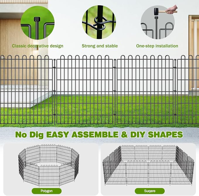 5 Panels No Dig Decorative Garden Fence with Gate for Yard, 48 in(H) X 13.13 ft(L) Animal Barrier Fencing for Outdoor Dog, Metal Portable Garden Fences for Borders, Pets, Landscape, Temporary Fence