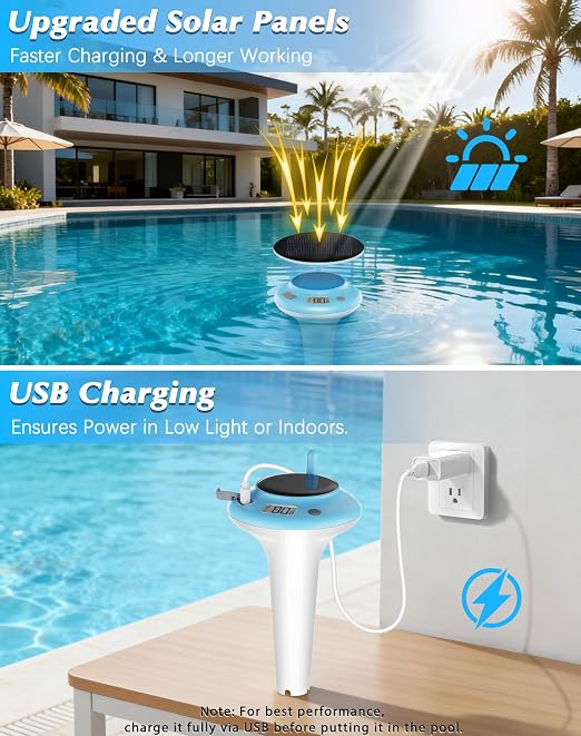 Solar Pool Thermometer Floating Easy Read, IPX8 Waterproof Digital Thermometer Wireless, Water Temperature Monitor for Swimming Pool, Hot Tub, Cold Plunge, Pond, Lake