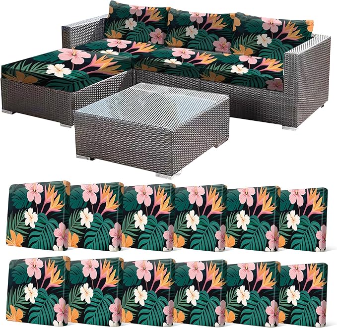 CALBODE 12 Pcs Stretch Outdoor Seat Cushion Covers, Washable Chair Seat Covers for Patio Furniture Cushions Soft Indoor and Outdoor Couch Cover Replacement (Dark Green Botanical, Cover Only)
