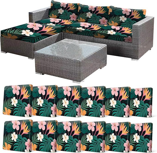 CALBODE 12 Pcs Stretch Outdoor Seat Cushion Covers, Washable Chair Seat Covers for Patio Furniture Cushions Soft Indoor and Outdoor Couch Cover Replacement (Dark Green Botanical, Cover Only)