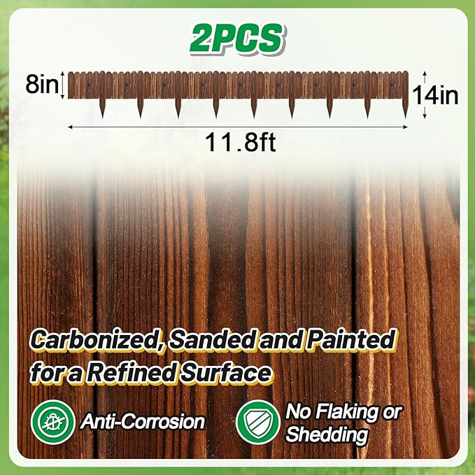 Rustic Pine Wood Landscape Edging - 23.6ft Total Length (2Pcs 11.8ft L x 8in H) Garden Fence Border, Easy to Install Sturdy Wooden Planter Fencing for Yard Flower Bed Lawns Pathway Tree