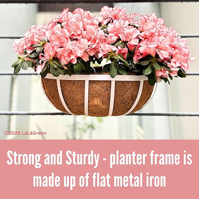 LaLaGreen Deck Railing Planters (2 Pack, 16 Inch) White Metal Rectangular Window Flower Box with Coco Liner, Wall Hanging Planter for Outdoor Plants Deck Rail Fence Balcony Patio Porch Garden Decor