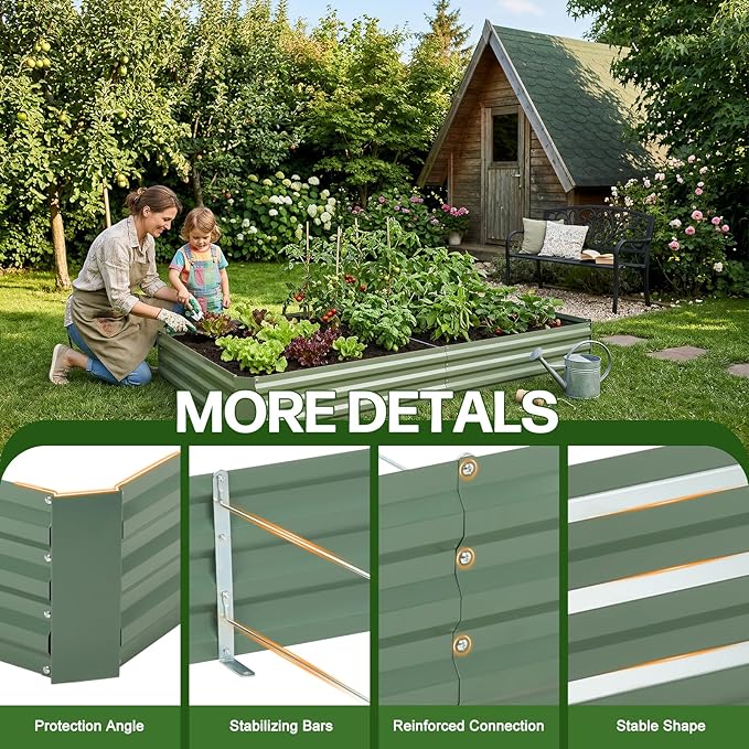 Aoodor 8 x 4 x 1 ft Outdoor Raised Garden Bed, Reinforced Galvanized Steel Planter Box for Vegetables, Herbs, and Flowers