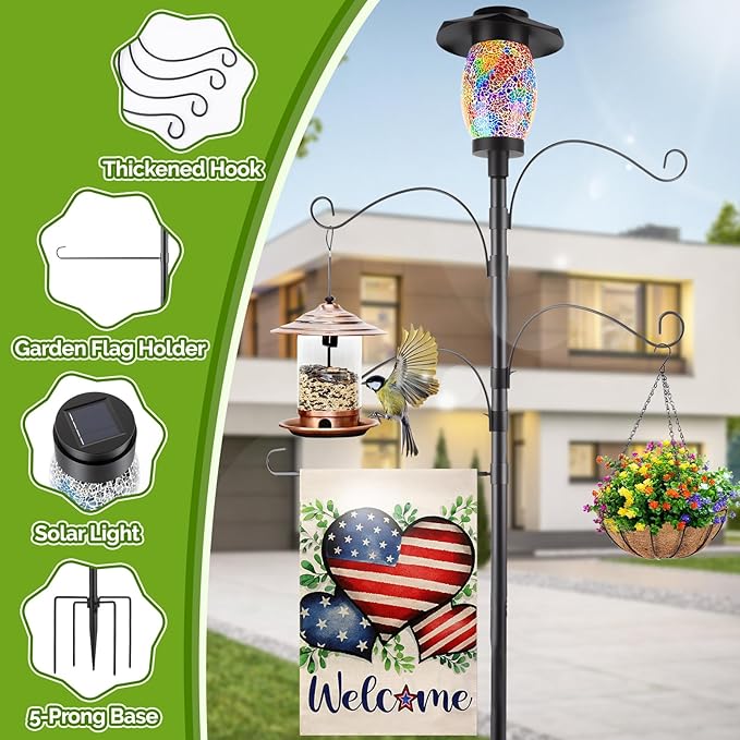 4-Hook Solar Shepherds Hooks for Outdoors,80In Bird Feeder Pole with 5 Prongs Base|Flag Holder|Solar Lights,Heavy Duty Garden Stand Hooks for Hanging Plant Baskets,Wind Chimes,Lanterns