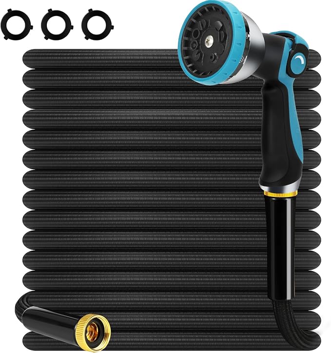 Non-Expandable Garden Hose 100ft Kink Free Flexible Water Hose with 10-Pattern Spray Nozzle, 3/4" Brass Connectors,Leak Proof,Abrasion Resistant Hose for Lawn, Yard, Car Washing, and Outdoor Use