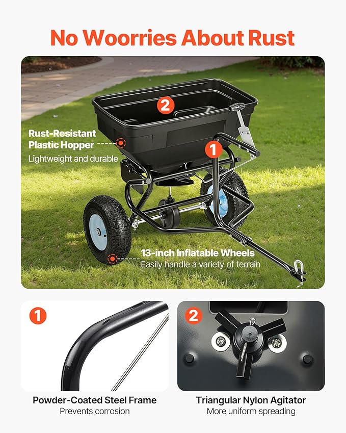 VEVOR Tow Behind Broadcast Spreader, 130LBS Capacity, Tow/Push Garden Spreader with 13 in Tires, 30 Adjustable Setting & 9.8 ft Spreading Width, Lawn Spreaders for Seed, Fertilizer, Salt, Ice Melt