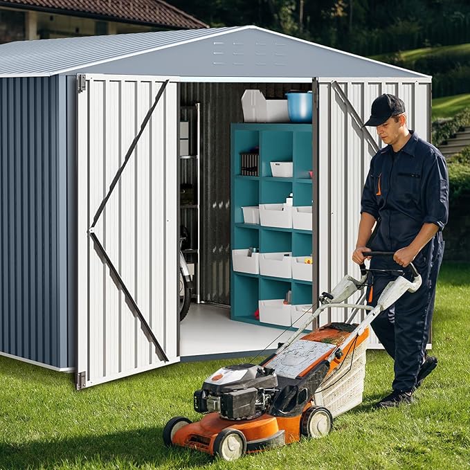 GarveeLife Large Outdoor Metal Storage Shed, 8x12 ft Metal Shed with Lockable Doors, Large Garden Tool Shed with Sturdy Frame Structure, for Backyard, Patio, Lawn, Grey