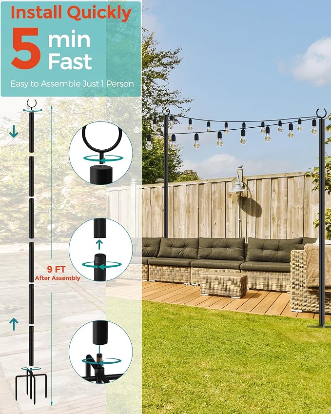 LAND·VOI 4 Pack String Light Poles, 9FT Heavy Duty Metal Light Poles for Outside String Lights, Outdoor Light Poles with 5 Prong Fork, Light Pole Stand for Patio, Backyard, Garden, Deck, Black FLP14B