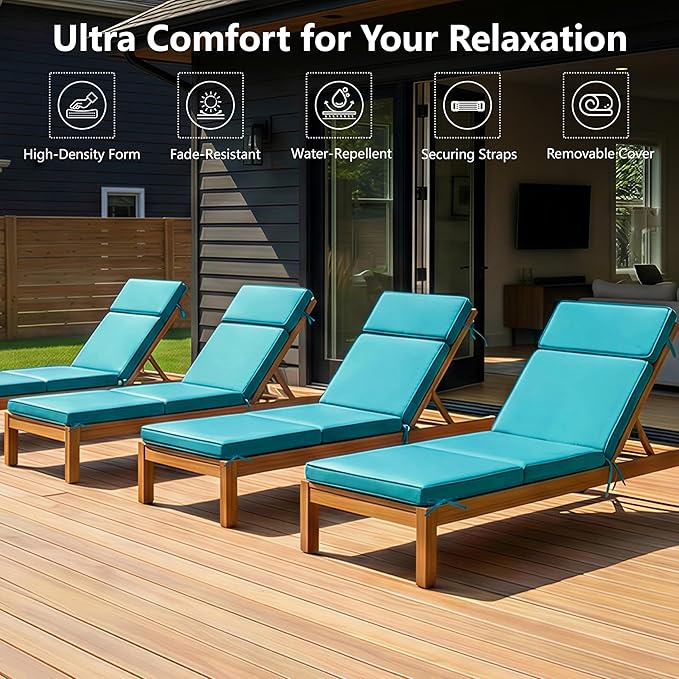 80 x 26 Inch Outdoor Chaise Lounge Cushions Set of 4 - Removable Cover, 4-Section Design, Water-Repellent & Fade-Resistant, 6 Tie Straps, Replacement for Patio & Pool Chairs - Teal