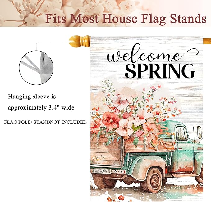 Spring Flags 28"x40" Double Sided Welcome Floral Truck Spring House Flag Burlap Yard Garden Banner for Outdoor Porch Decoration