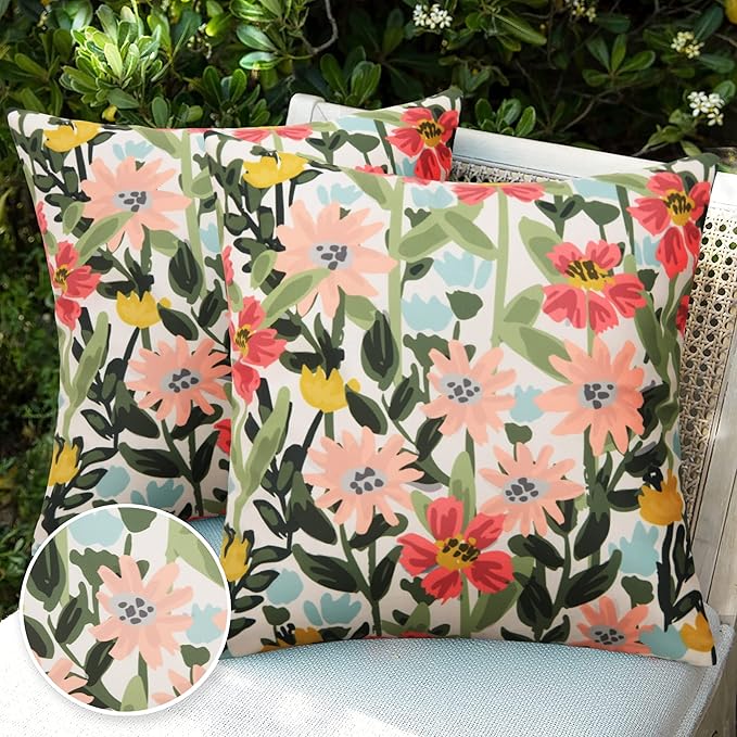 Pyonic Outdoor Pillows Covers Pack of 2 Spring Floral Waterproof Throw Pillow Covers 16X16 inch Outdoor Pillows for Patio Furniture Garden Square Outside Waterproof Pillow
