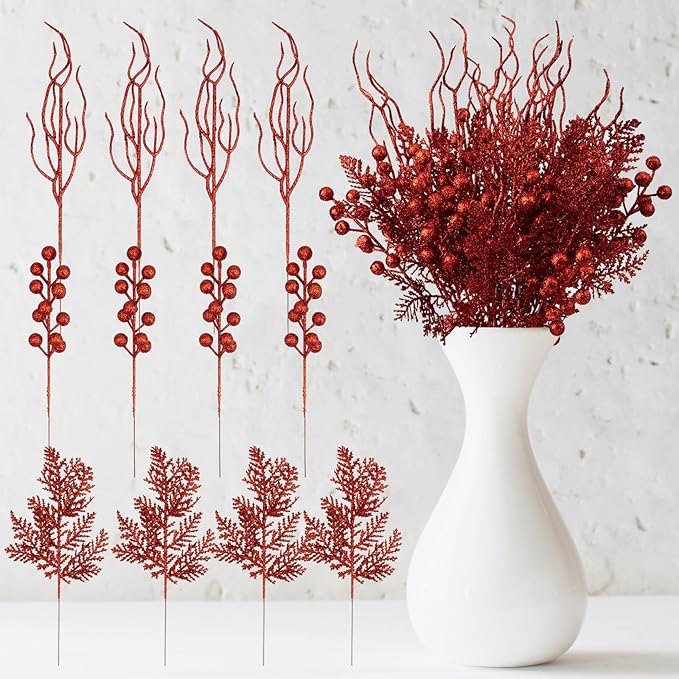 75 Pcs Christmas Glitter Branches, 3 Styles Artificial Christmas Picks with Red Berries, Pine Needles and Twig Sprays for Xmas Tree Ornaments, DIY Wreaths and Holiday Garland Decorations