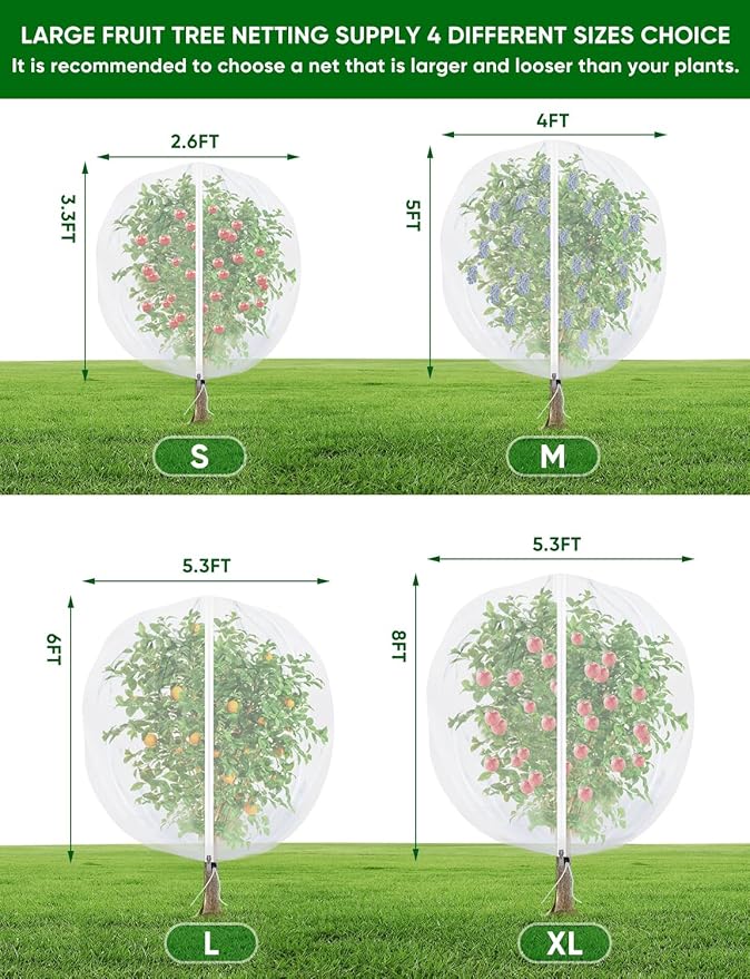 Fruit Tree Netting with Zipper - 4Pcs 5.3 x 6 FT Garden Bird Netting for Blueberry Bushes with Drawstring,Insect Plant Protection Mesh Net Bags for Tomato,Flowers,Animals,Cherry (4, 5.3 x 6 FT)