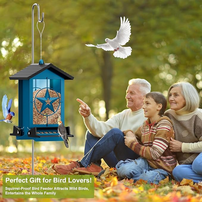 Squirrel Proof Bird Feeders for Outdoors with Weight-Activated, Metal 5LB Large Wild Bird Feeders for Cardinals,Blue Jay,Finch, Weatherproof Durable Hanging Bird Feeder for Backyard,Garden (Blue)