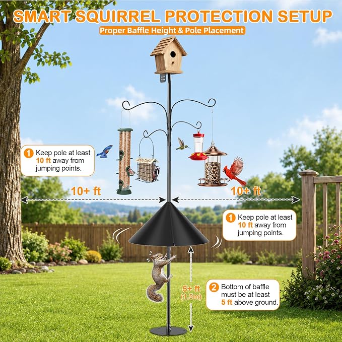 tinnmao Bird Feeder Pole 100 Inch with Squirrel Baffle and 4 Feeder Hooks | Heavy Duty Adjustable Bird House Pole with Top and Side Mount for Smart Feeders, Bluebird Houses, Yard and Garden