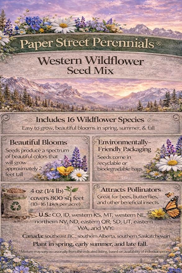 Western U.S. Regional Wildflower Seed Mix, 1 lb Covers 3,200 sq ft, Multi-Color Perennial and Annual Blooms, Spring and Fall Planting (1 Pound)