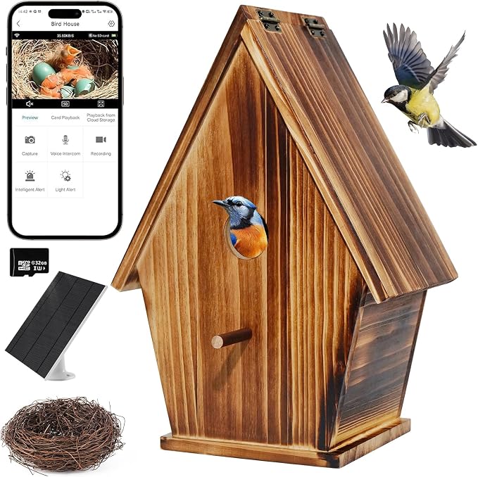 Smart Bird House with Camera, 1080P HD Birdhouse with Camera Inside Solar Powered 2.4G WiFi & App Notify, Bird Houses for Outside with Nest Auto Capture Photo & Video
