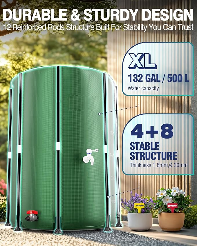 PYY Rain Water Collection Barrel 132 Gallon - Water Storage Tank with Spigots, Hose and Portable Bucket, Large Plastic Collapsible Rain Catcher Catchment System to Collect Rainwater from Gutter