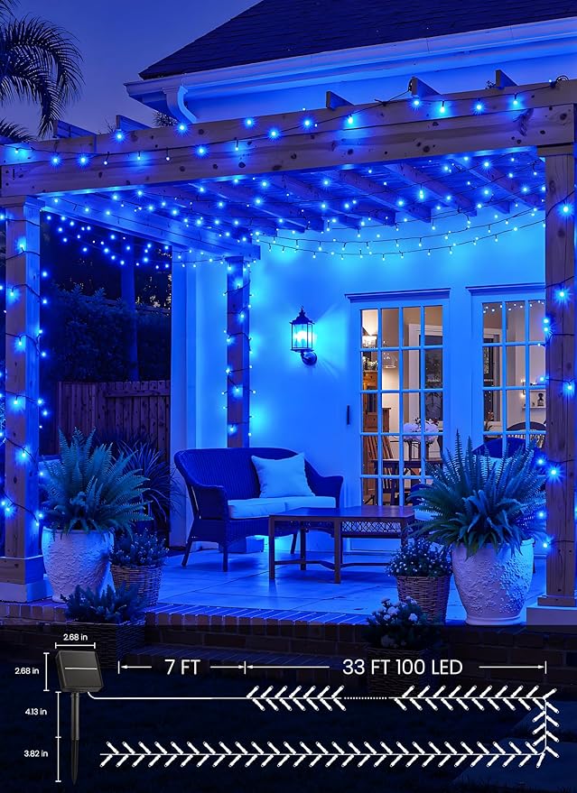 Brightown 2 Pack Solar String Lights Outdoor,Total 80FT 200 LED Solar Powered String Lights Waterproof with 8 Modes, Auto On/Off, Patio Lights for Outside Tree Garden Balcony Party Decor (Blue)
