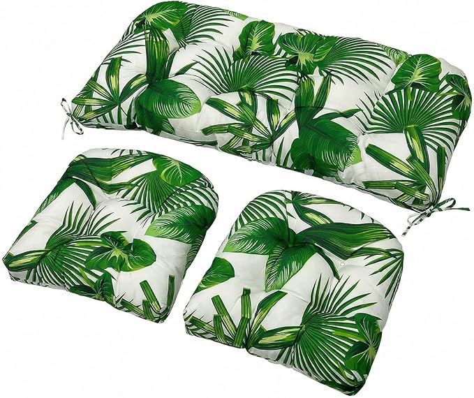 Wicker Chair Cushions Set, 2 U-Shaped Cushions & 1 Loveseat, Waterproof Outdoor Loveseat Cushion for Patio Furniture, Settee Bench Pad All Weather,FreshLeaf