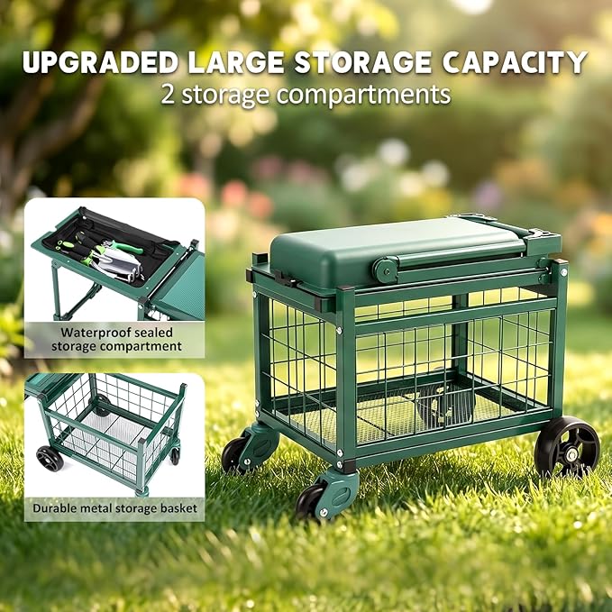 Rolling Garden Work Seat with Wheels, Heavy Duty Gardening Cart with Seat, Garden Stools for Seniors, Outdoor Wagon on Wheels for Lawn, Patio, and Backyard