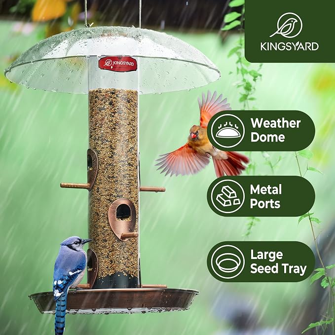 Kingsyard Metal Bird Feeders for Outdoors Hanging, Wild Bird Feeder with Large 11.5" Protective Dome and 8" Removable Tray, 3 lb Seeds Capacity (Antique Copper)