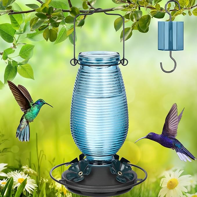 FEED GARDEN Glass Hummingbird Feeder for Outdoors Hanging, 20 OZ Humming Birds Feeders with 6 Bee Guard Feeding Ports & Built-in Ant Moat, Bird Feeder for Outside, Blue,1 Pack