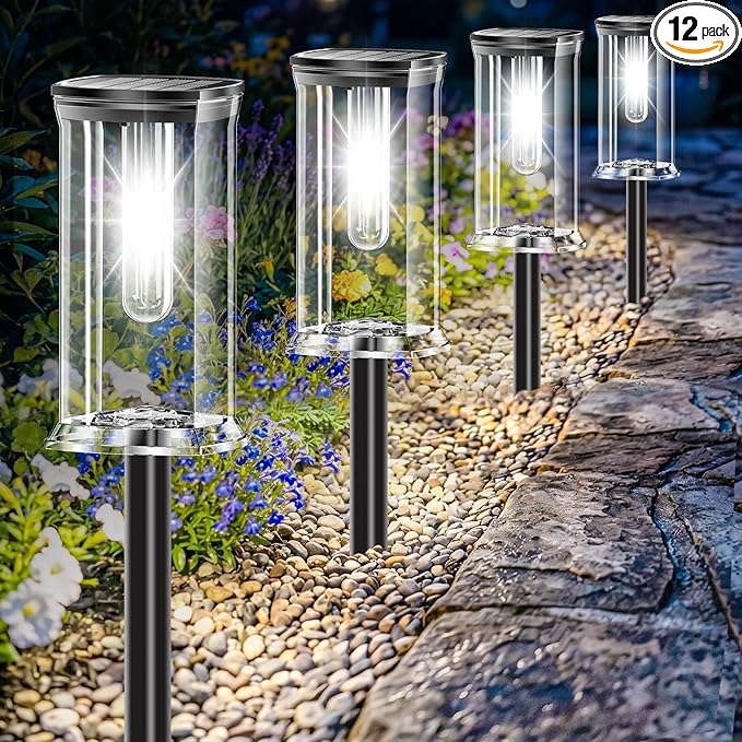 12 Pack Solar Lights Outdoor,IP65 Waterproof Solar Pathway Lights Outdoor Garden Light, Solar Lights Pathways Cool White LED Landscape Lighting for Walkway, Driveway, Yard, Patio, Garden Decor