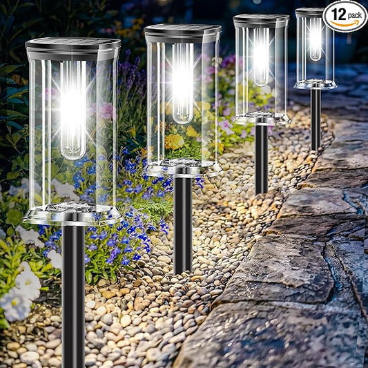 12 Pack Solar Lights Outdoor,IP65 Waterproof Solar Pathway Lights Outdoor Garden Light, Solar Lights Pathways Cool White LED Landscape Lighting for Walkway, Driveway, Yard, Patio, Garden Decor